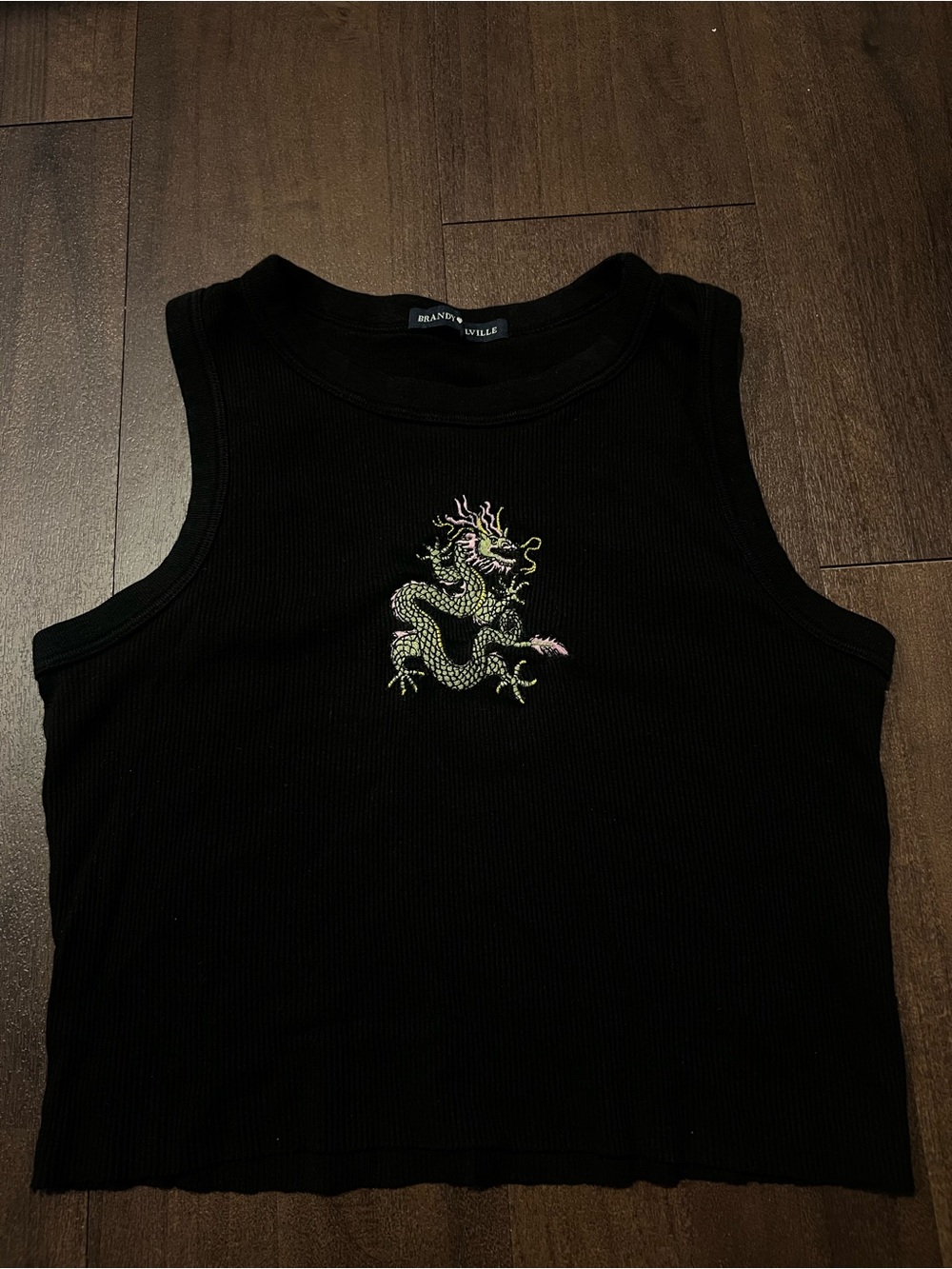 Brandy Melville Black Ribbed Tank with Green Embroidered Dragon